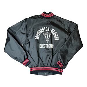 Vintage Rennoc Southington Meriden Electronics Black Satin Jacket Dart Graphic L